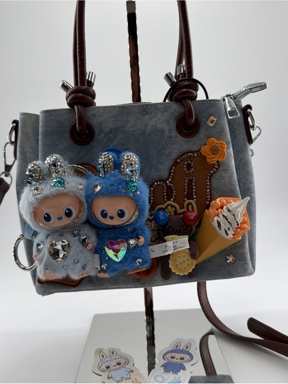Pin for Love Labubu on Denim  Women’s Tote Bag with Hand Embellished